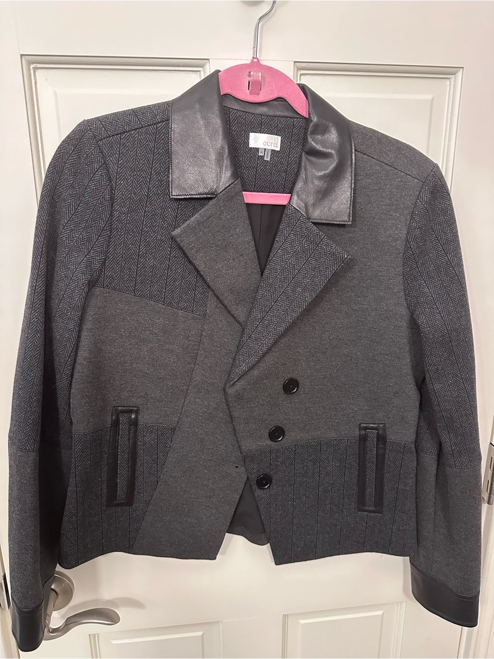 ecru Gray Patchwork Blazer with Faux Leather Trim